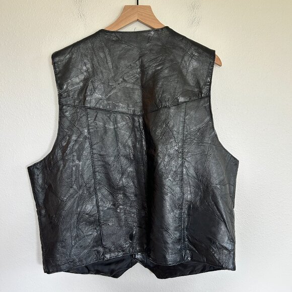 Vtg Leather Works Vest XL Black Patchwork Leather Snap Front Biker Moto USA - Picture 5 of 12
